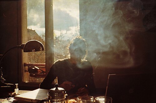 writer desk in smoke